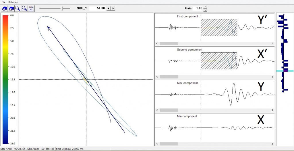 Иллюстрация процесса ориентировки сейсмической записи в плоскости XY в программе RadExPro Plus
